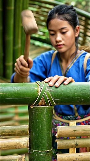 A talented girl builds a bamboo home and lives in harmony with nature #bamboohouse #bambubuilding