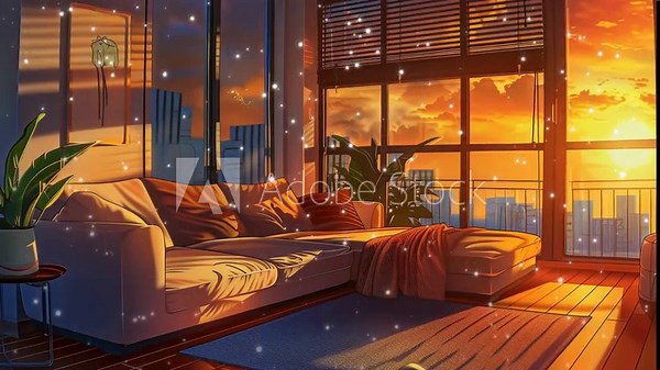 Luxury living room, animated virtual backgrounds, stream overlay loop, sofa cozy interior golden hour sundown, vtuber asset twitch zoom OBS screen, anime chill atmospheric. Lofi