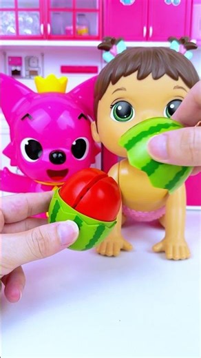 minnie mouse & pinkfong eat watermelon toy set | satisfying asmr miniature toy with subeo unboxing