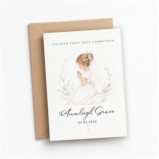 Personalized First Holy Communion Card Girl | Watercolor Praying Girl | Daughter Goddaughter Gift | Custom Name Date - Etsy Canada