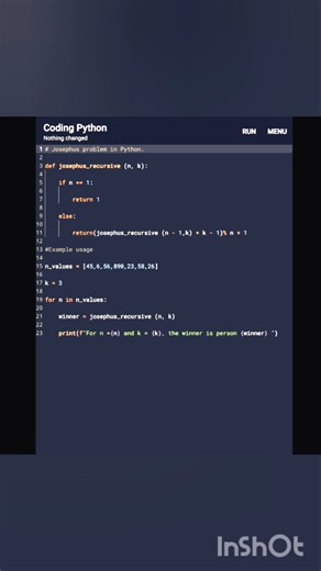 Josephus problem in Python.#python #pythonprogramming #pyp #c #coding #coder #code