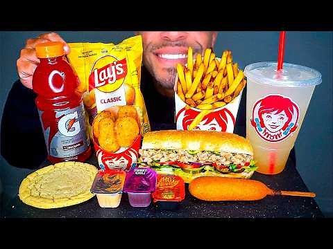 WENDY’S VS SUBWAY ASMR MUKBANG CORNDOG SUB SANDWICH FRIES FROSTY ICE CREAM CHIPS NO TALKING JERRY
