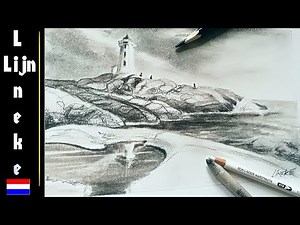 Landschap en Vuurtoren tekenen Houtskool tekening