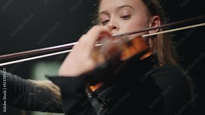 female fiddler in symphonic orchestra on scene of opera house, lady is playing violin or viola Stock Video