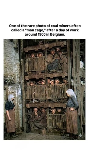 HISTORY | PHILOSOPHY | SCIENCE on Instagram: "This image captures coal miners ascending in a mine elevator. The elevators were crude and tightly packed, prioritizing efficiency over safety or comfort. Miners emerged from the shaft covered in coal dust and often suffering from respiratory damage caused by inhaling coal particles. Working conditions were horrendous, with men regularly killed or injured on the job, or dying young from diseases like pneumoconiosis (black lung). The two women in the 