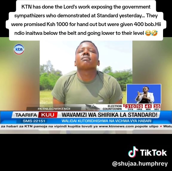 KTN has done the Lord's work exposing the government sympathizers who demonstrated at Standard yesterday... They were promised Ksh 1000 for hand out but were given 400 bob.Hii ndio inaitwa below the belt and going lower to their level 😂🤣 #shujaahumphrey