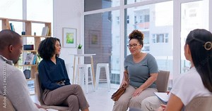 Support group, therapy and meeting for discussion, healthy conversation and wellness. Counseling circle, psychology and happy people with therapist, community and help in rehab for mental health.