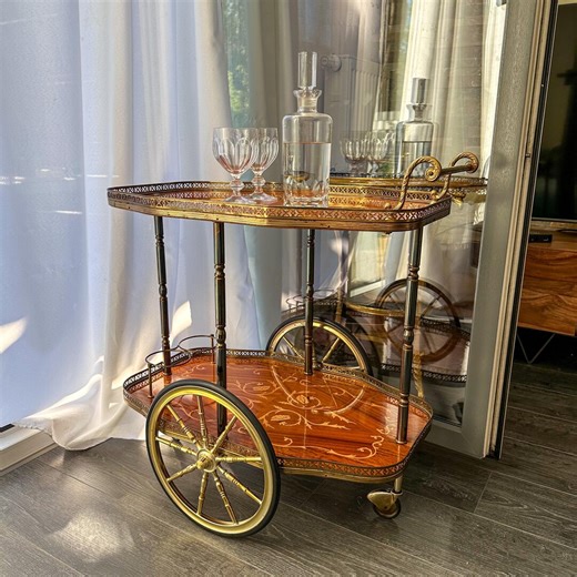 Italian Vintage Bar Cart Wood Inlay | Serving Trolley Brass | Tea Cart Mid Century - Etsy