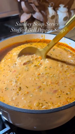 Stuffed Bell Pepper Soup | Part 6 of My Sunday Soup Series ✨ Ingredients: • 3 large bell peppers (use a mix of red, orange, and yellow), diced • 1 medium onion, finely diced • 1 large carrot, diced • 5 garlic cloves, minced • 1 lb ground turkey (or any ground meat you like) • 28 oz can crushed tomatoes • 8 cups chicken stock • 1 ½ cups heavy whipping cream • 2 tbsp tomato paste • ¾ cup long-grain rice, rinsed • 2 bay leaves • 1 tbsp butter 1 tbsp oil Seasonings: • 1 tsp garlic powder • 1 tsp pap