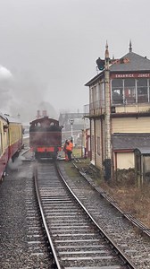 The scene at Swanwick station on 15th February 2025. The 7063 ‘Eustace Forth’ tank engine pulling a passenger train past a Jinty steam locomotive, with a class 141 Pacer train lurking at the end of the platform. | Adrian Watson