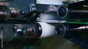 Technological process of diaper producing at the factory. Two stainless steel rollers rotating with non-woven cloth between. Close up.