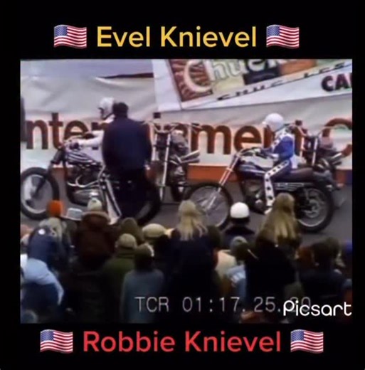 Evel Knievel and Robbie Knievel warm up the crowd before he attempts a death-defying jump at Kings Island. The daredevil made his most successful motorcycle jump 50 years ago this month, leaping over 14 Greyhound buses #History #legends #vegas #sendit #robbieknievel #evelknievel #bikelife #bikefam #motorcycle #50years | Evel Knievel