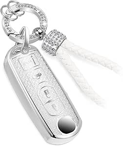 MZD Key Fob Cover - Braided Fashion Keychain, Diamond Patterns Soft Case - MZD 3 6 Plus IA (4 buttons), White