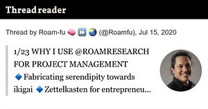 Thread by @Roamfu: 1/23 WHY I USE @ROAMRESEARCH FOR PROJECT MANAGEMENT Fabricating serendipity towards ikigai Zettelkasten for entrepreneurs, artists & civ…