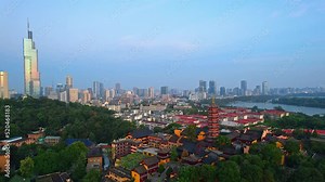 Early morning aerial photo of Ming Great Wall and Jiming Temple in Nanjing City, Jiangsu Province, China