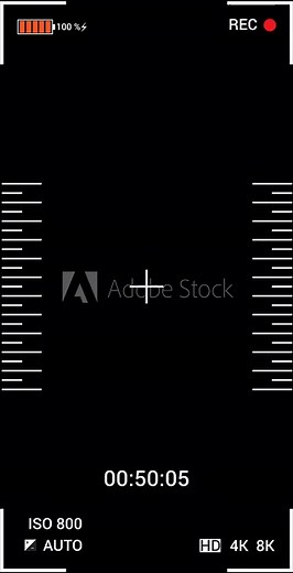 Camera phone recording screen overlay animation vertical. Smartphone camera screen recording. Vertical camera viewfinder overlay with red recording dot, alpha channel 4K Video.