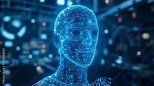 AI hologram symbolizes agent autonomy for collaboration with human workforce using autonomous agents to work in business partnerships using teamwork. 4k video