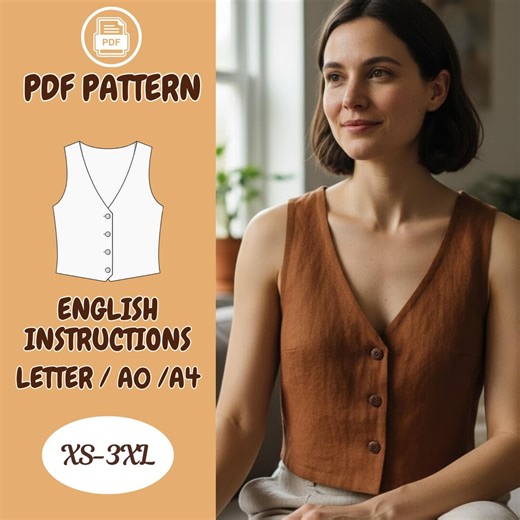 Linen Vest Sewing Pattern PDF – Button Front Top, V-neck Waistcoat, Vintage, XS–3XL, English Instructions - Etsy