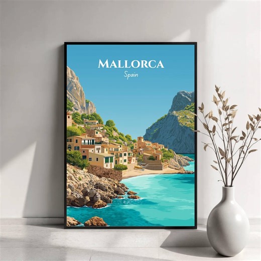 Art mural de Majorque - affiche de voyage illustrée - littoral méditerranéen, villes pittoresques, papier glacé, décoration sans cadre - Etsy France