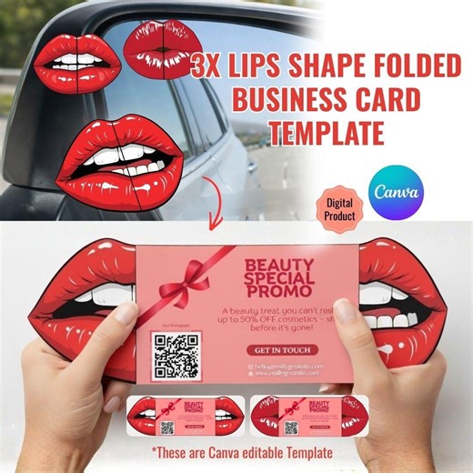 3 Lips Shaped Folded Business Card Template | Beauty Brand, Canva Editable (digital Download) - Etsy
