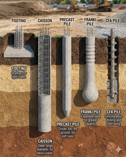 🏗️ Ever wonder how massive buildings stay standing? It all starts underground! The secret isn't just in the steel and glass you see, but in the Foundations hidden beneath the surface. Choosing the right foundation depends on two things: the weight of the building and the type of soil it sits on. Here’s a quick breakdown of the "Deep Secrets" of engineering: 🔹 Footing (Shallow Foundation): The most common type for houses and light structures. It spreads the load over a wide area near the surfac