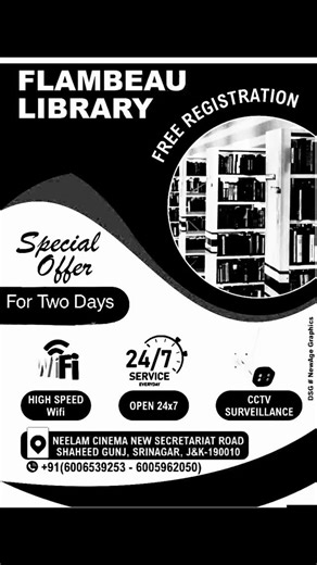 We Work Kashmir on Instagram: "SPECIAL OFFER ! FREE REGISTRATION Till 24 dec 2025 ! Join self study hall with free registration enjoy a secure & focused study environment. Key Features :- * Kashmir's Ist 24×7 library cum reading room. * Comfortable seats. * High speed internet facility. * Safe & noise free location. * Power backup facility. * Parking facility. * CCTV surveillance. * Doubt clearing sessions. * AC/ Heating system. * Saparate cabins with charging point facility. & Much more. For re