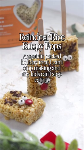 PB   Tiny Sprouts Hemp Hearts = a protein boost that keeps little tummies fuller and moods way more stable during the holiday sugar storm 😅 1/4 cup peanut butter 1/4 cup coconut oil 1/2 cup honey 1 teaspoon vanilla 1/8 tsp salt 1 cup Tiny Sprouts Hemp Hearts 3 1/2 cups rice krispy cereal For reindeer decoration, you’ll need: Candy eyes Craft sticks or popsicle sticks Red candy for the nose Melted chocolate in piping bag Step by step instructions can be found here — https://tinysproutsfoods.com/
