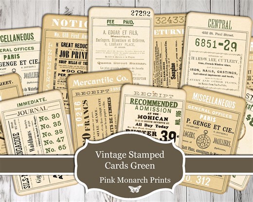 Vintage Stamped Cards Green, Junk Journal Supplies, Vintage Ephemera, Junk Journal Ephemera, Digital, Junk Journal Printable, Vintage Tag - Etsy