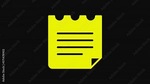 Yellow Notebook icon isolated on black background. Spiral notepad icon. School notebook. Writing pad. Diary for school. 4K Video motion graphic animation