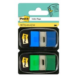 Post-it Index Flags Medium Blue and Green - 25.4mm x 43.2mm with 2 x 50 Flags and Dispenser