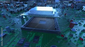 Processor Installation on the Motherboard Process with Blue Signals. Beautiful 3d Animation of Circuit Board and CPU with Running Electrons. Technology and Digital Concept. 4k Ultra HD 3840x2160.