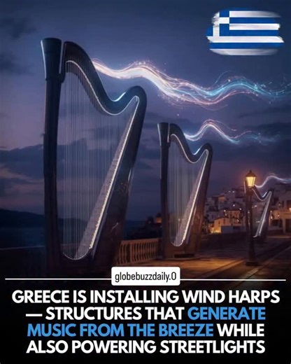 globebuzzdaily on Instagram: "In a mesmerizing blend of art, sound, and renewable energy, Greece is introducing wind harps that turn gentle breezes into both harmony and electricity. Each structure is crafted with aerodynamic frames and vibrating metal strings, producing soft, shifting tones as the wind passes through. Inside the harps, miniature vertical-axis turbines capture airflow and convert it into power — enough to illuminate nearby streetlights, benches, or even small charging ports. By 