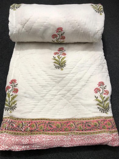 Reversible Indian Bedding Hand Block Print Quilt, Cotton Comforter, Floral Quilt , Lightweight Summer Blanket Pink quilt