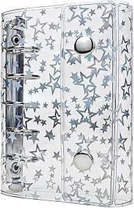 A8 Budget Binder Cover Clear PVC 5 Ring Binder Glitter Star Refillable Notebook Shell Protector with 2 Snaps for Cash Envelopes System Journal Albums Organizer Planner Folder