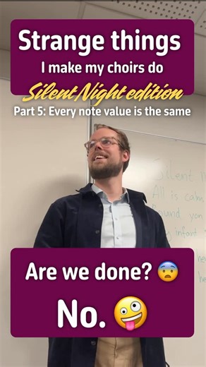 Jonas Rasmussen on Instagram: "🌌 Silent Night Chaos Part 5 🌌 Equal note values = total rhythmic meltdown New rule: Every single note gets the same duration. No long notes. No Exception. No mercy 😇👉😈 That means: ✨ Normally long notes suddenly become way too short ✨ The time signature keeps shifting ✨ Nothing feels stable anymore We try it in stages: 1️⃣ Unison 2️⃣ Two-part canon 3️⃣ Four-part canon (because why not 🤯) Is it beautiful? Not really. Is it fun? Absolutely. And weirdly satisfyin