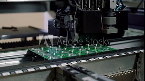 Electronic circuit board production. Automated circut board machine produces printed digital electronic board. Manufacture of electronic chips. Close up. High-tech