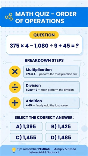 Order of Operations Challenge: Can You Solve 375×4−1080÷9+45?