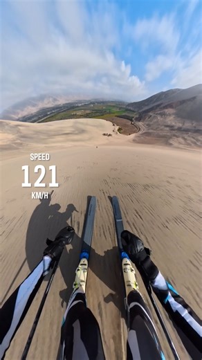 Fastest sand skiing ⛷️ 121 km/h (75 mph) by Mahé Freydier 🇫🇷 The previous record of 92 km/h (57 mph) had stood for over 15 years. Mahé was travelling so fast during the attempt that he burned a hole in his skis! His record attempt took place in Toro Mata, Acarí, Peru. | Guinness World Records