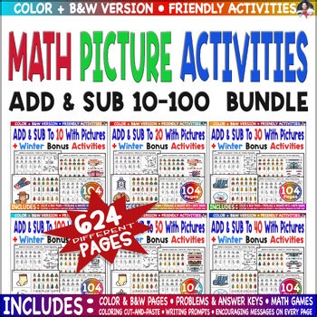 Winter Code Bundle: Add & Sub Without Regrouping – Color Worksheets to 10–100.