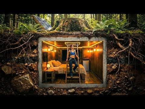 This Girl Built a Secret Wooden Cabin with a Tree Stump Entrance (ASMR)