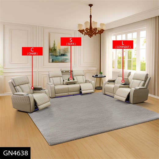 Recliner Sofa Set with LED Lights, Living Room Furniture Set, Breathing Power Leather Sofas with Storage Console/Cup Holders (3 Pieces Beige Reclining Chair Loveseat Sofa Set)