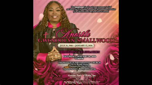 Grooms Funeral Home Announcement of Celebration of Life Services for Apostle Gwendolyn Smallwood DISCLAIMER: We hereby declare that we do not own the rights to this music/song. All rights belong to the owner. | Grooms Funeral Home