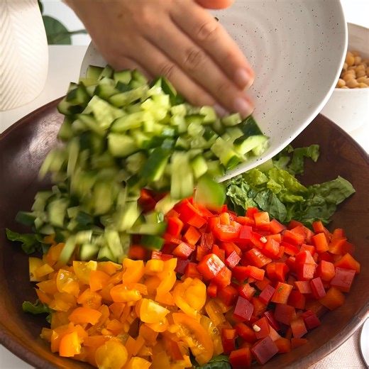 This Mediterranean Chopped Salad recipe is delightful and packed with flavor from a variety of vegetables, herbs, and condiments. It's a healthy and satisfying dish, providing 20 grams of protein and 18 grams of fiber per serving. Easy to prepare, this salad offers a rainbow of colors and a spectrum of vitamins and antioxidants to nourish your body. Recipe is in the comments! 💕 | Plantbaes