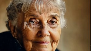 Close-up headshot of a joyful elderly woman, her wrinkled face and kind eyes reflecting a life of satisfaction, as she smiles warmly and looks at the camera