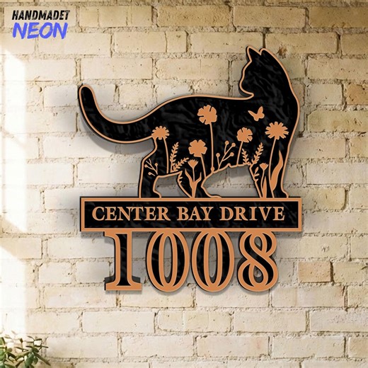 Personalized Cat Address Sign, Custom House Number Plaque, Floral Cat Sign, Pet Lover Gift, Outdoor Address Marker Decor - Etsy