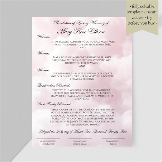 Editable Funeral Resolution Letter Template | Memorial Tribute to Deceased | Print Heaven Blush Celebration of Life Announcement Keepsake - Etsy