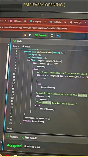 leetcode 1541 || Java || String || balanced || #dsa #java #programming #codinglife #ai #journey