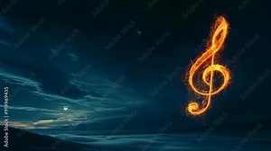 A flaming treble clef symbol illuminates a dark night sky, with the distant moon partially visible. The scene evokes a sense of mystery and artistic flare. The treble clef appears to be seamlessly Stock Video