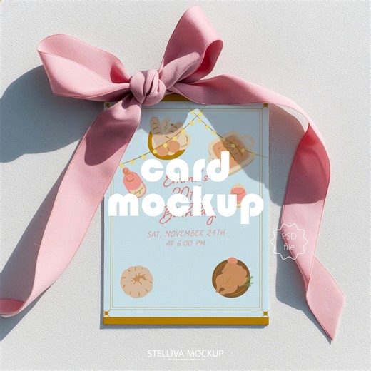 Pink Ribbon Invitation Mockup, Feminine Wedding Card Mockup, Blank Greeting Card With Bow, Romantic Stationery Mockup, Soft Minimal Flat Lay - Etsy