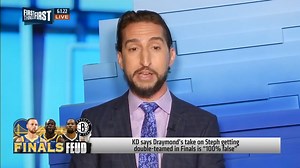 "I'm a KD guy now." — Nick Wright on Kevin Durant saying Draymond's take on Steph getting double-teamed in NBA Finals is '100% false:' | First Things First on FS1